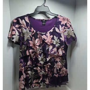 Women's LEEBE Purple Floral Ruffle Short Sleeve Tee Size L